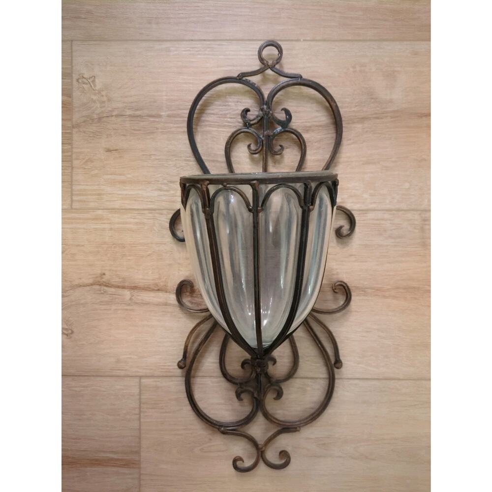 Vintage Caged Bubble Glass Vase Candle Holder Scrollwork Wall Scones 18"